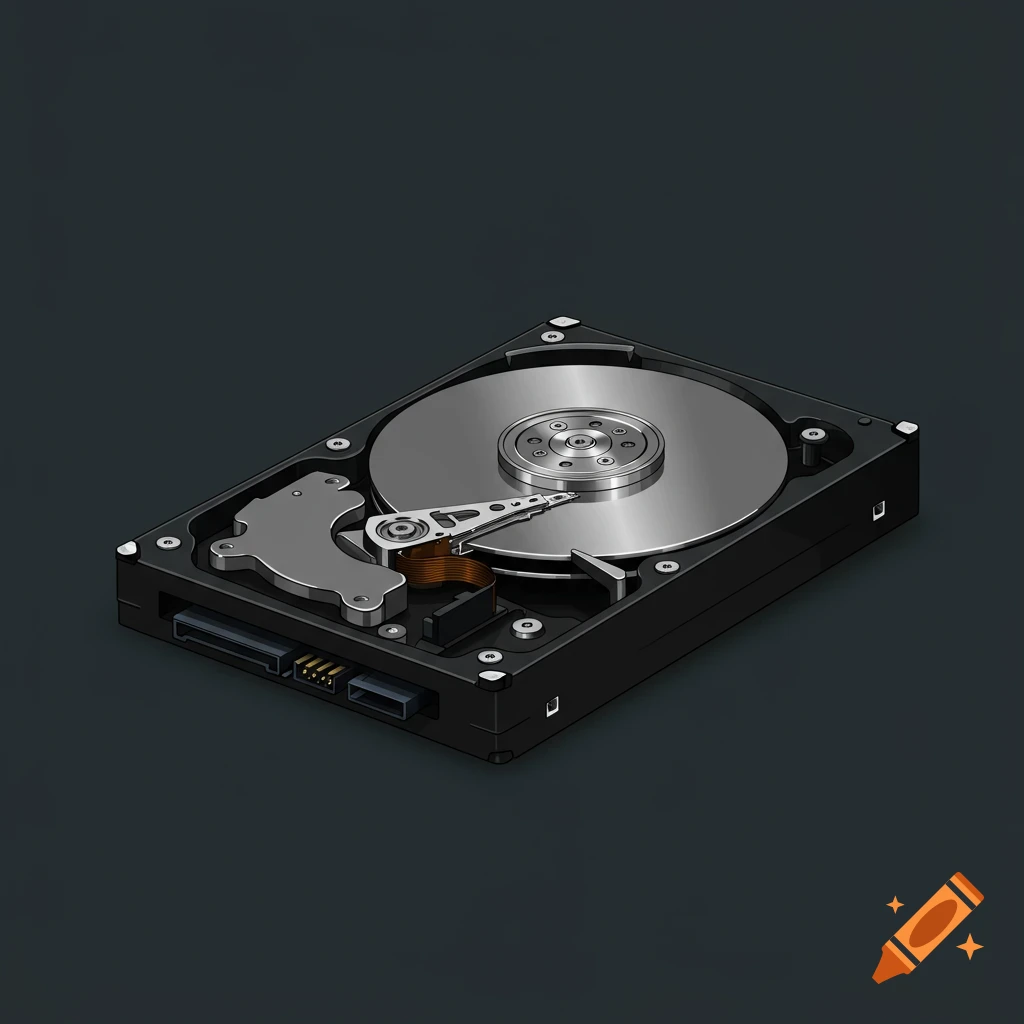 Vector illustration of an opened hard disk drive on a dark grey background.