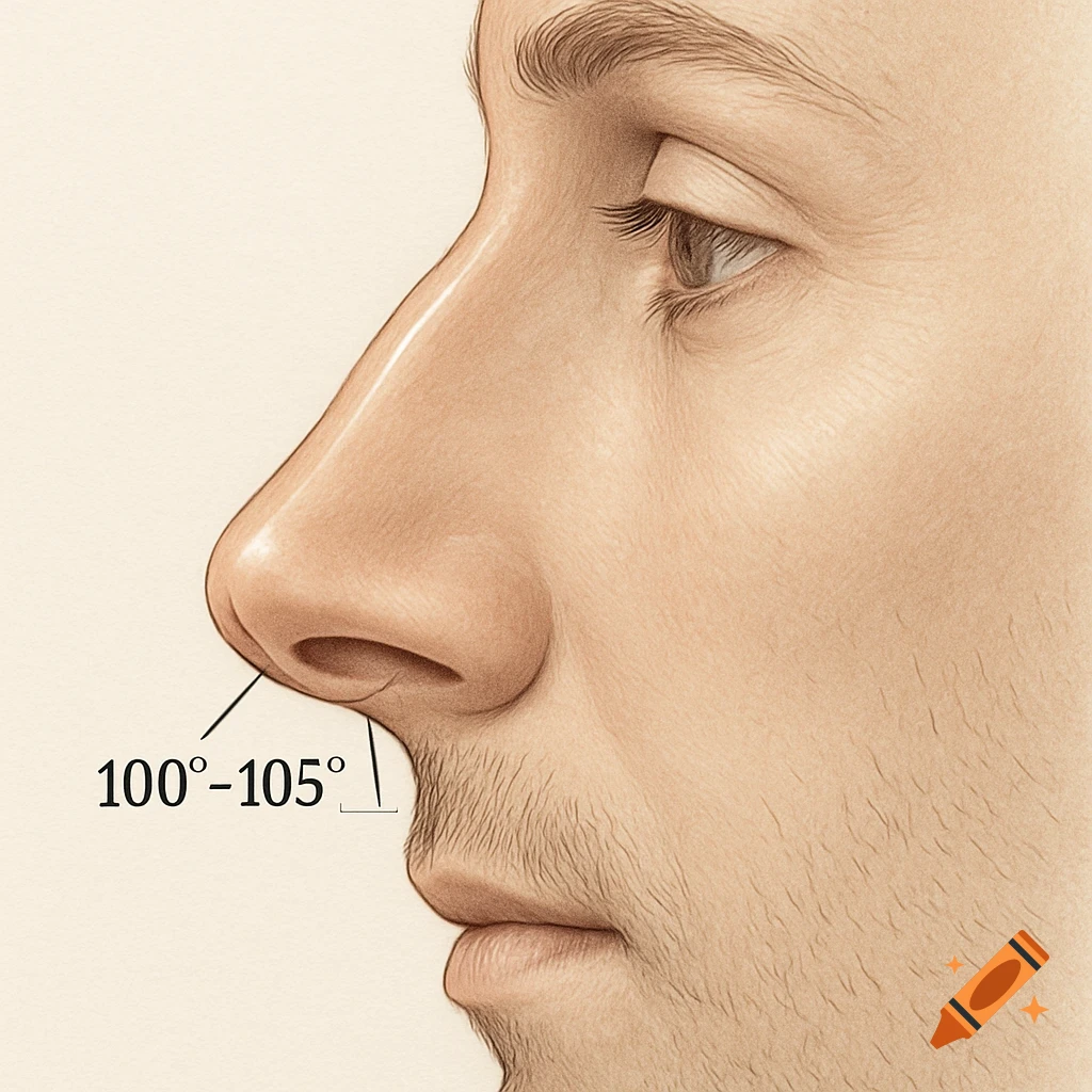 Medical illustration of a male nose in side profile, showing a columella-labial angle of 100-105 degrees with measurement lines.