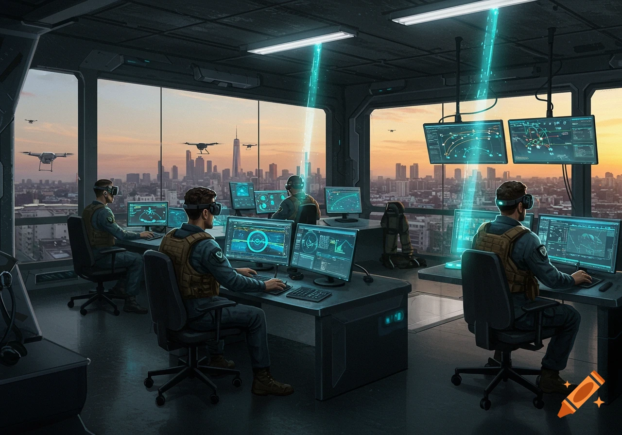 Four men in a futuristic control room with multiple screens, operating drones over a cityscape at sunset.