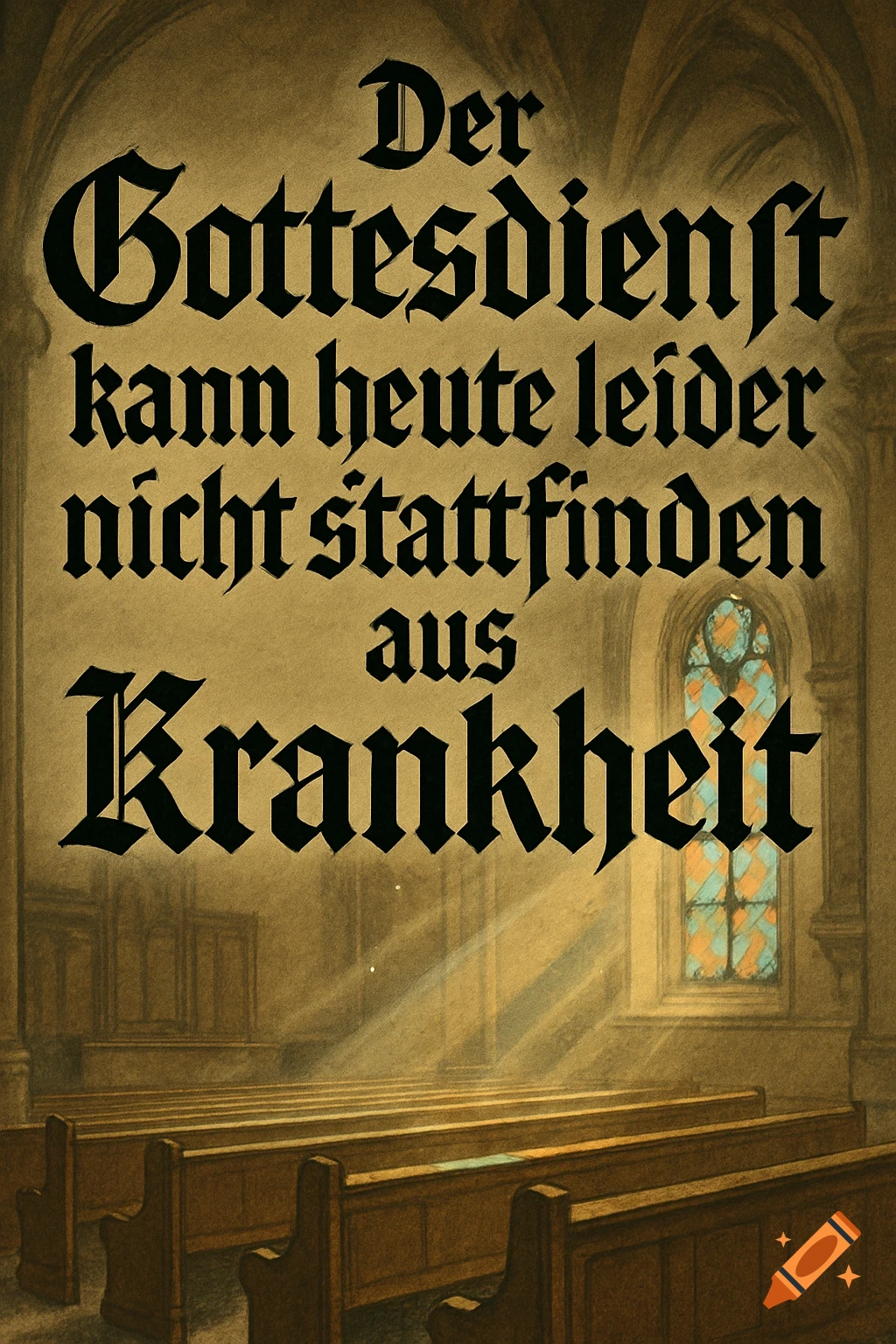 A poster with German text 'Der Gottesdienst kann heute leider nicht stattfinden aus Krankheit' in a church with empty pews and stained glass.