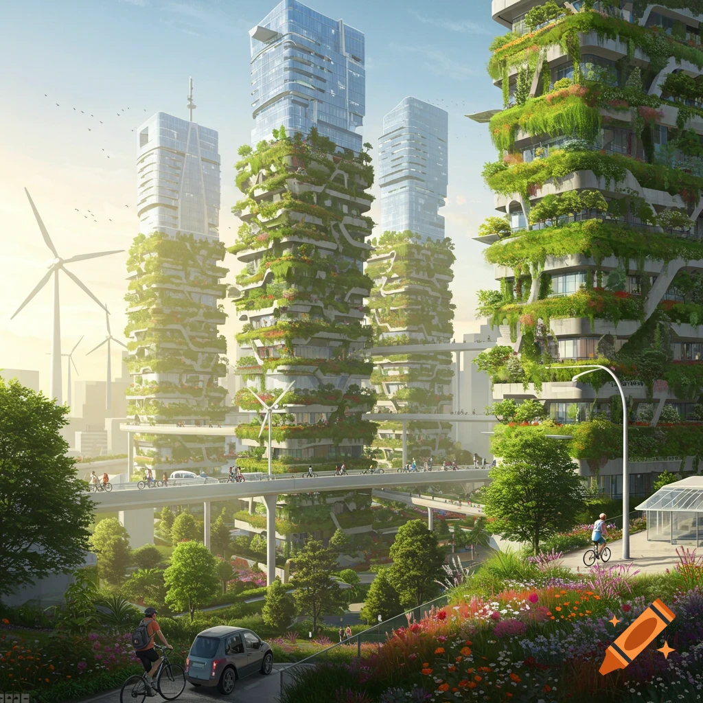 Photorealistic sustainable city with green skyscrapers, wind turbines, elevated bike paths, and lush gardens.