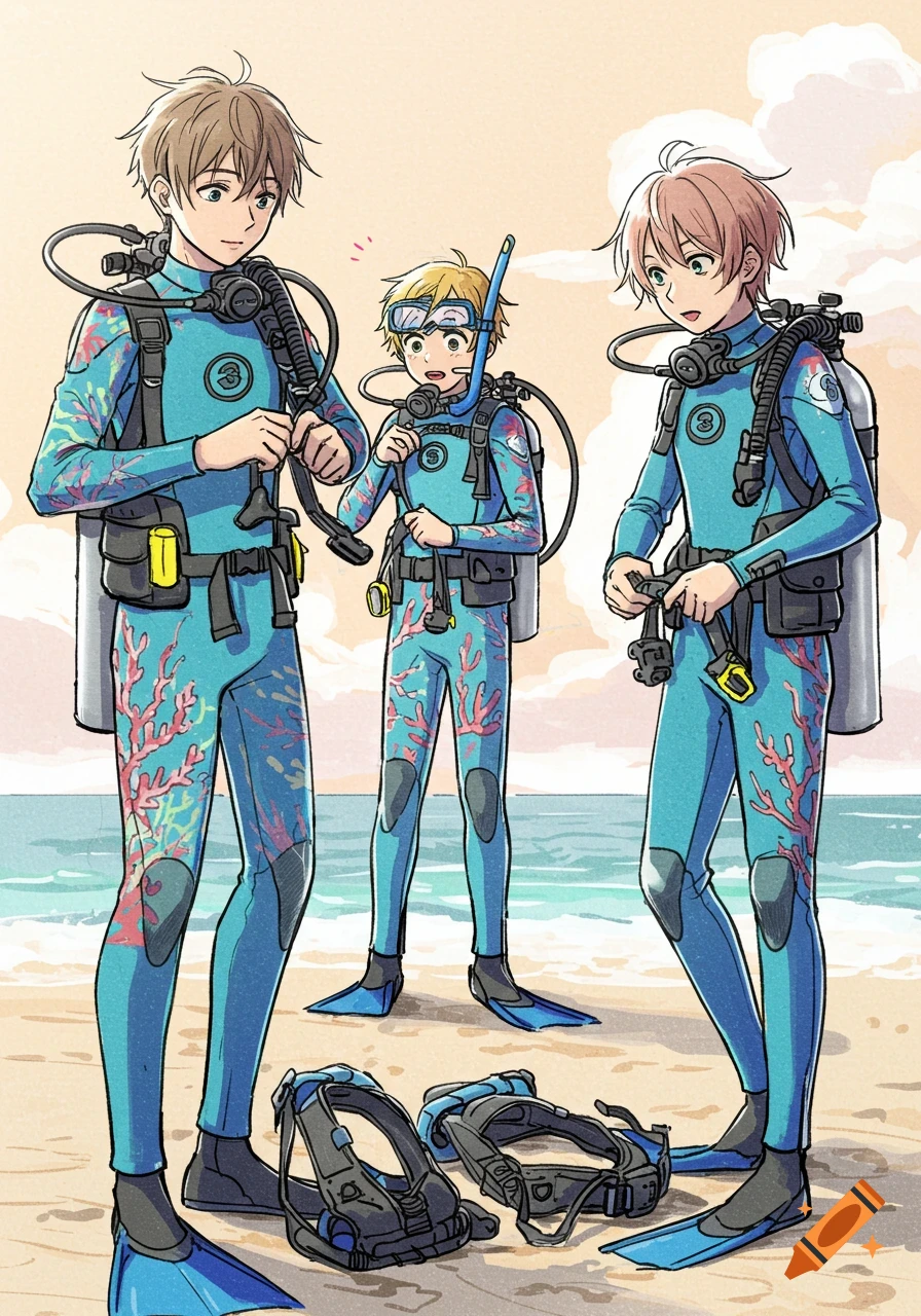 Three anime boys in blue wetsuits and scuba gear stand on a sandy beach by the ocean, preparing to dive.