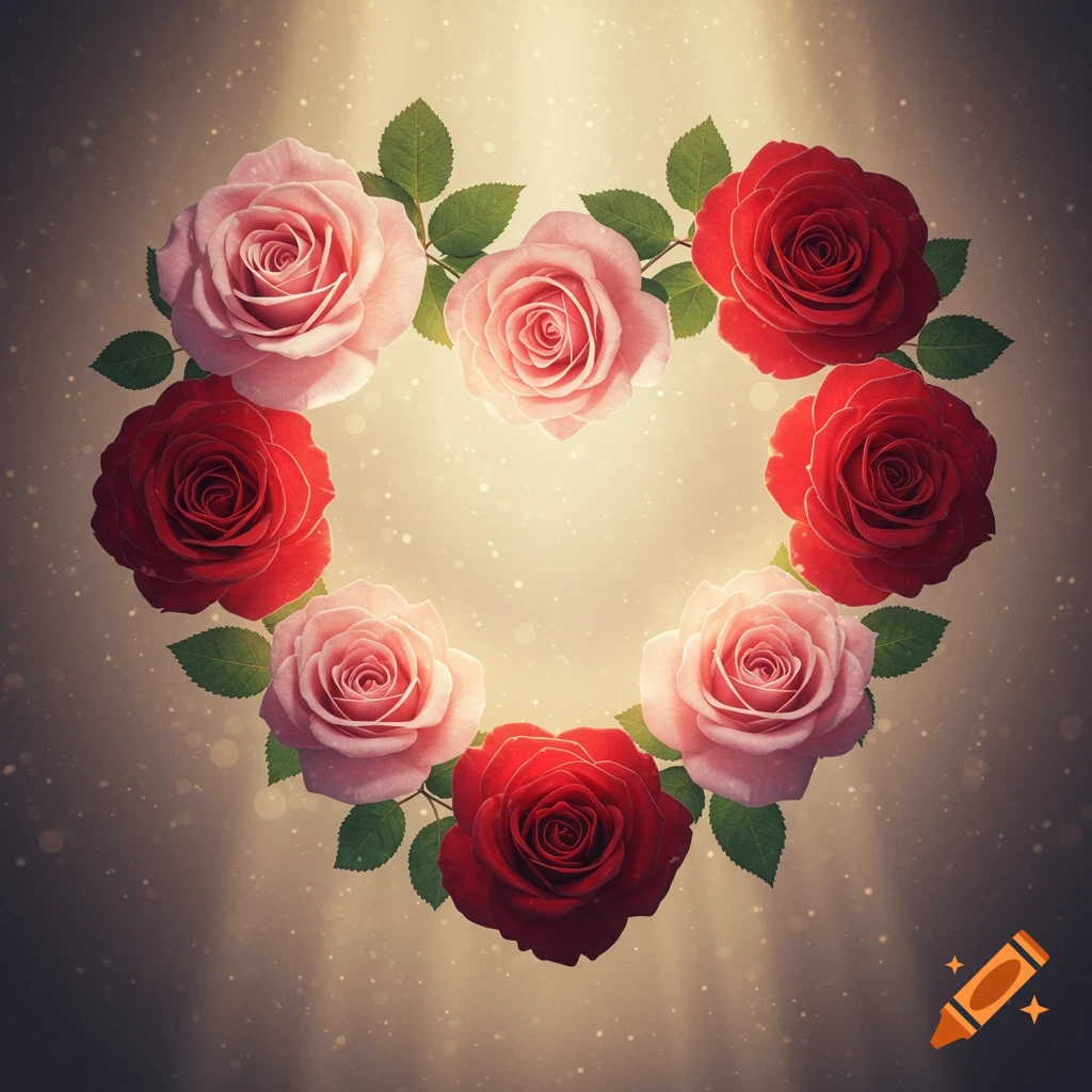 A heart-shaped wreath of red and pink roses with green leaves, illuminated by a warm glow and sparkling particles.