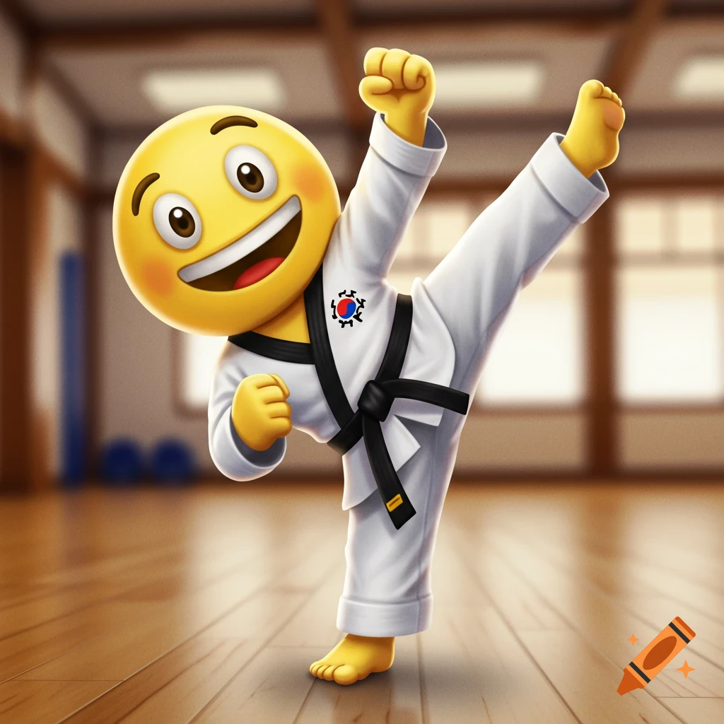A smiling yellow emoji in a white Taekwondo uniform with a black belt performs a high kick in a dojo.