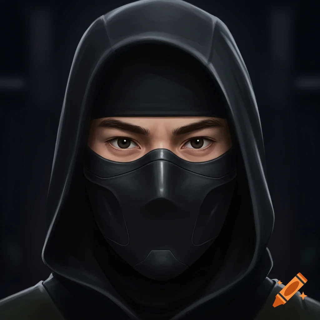 Close-up portrait of a young man in a black ninja mask and hood, showing only his eyes, against a dark background.