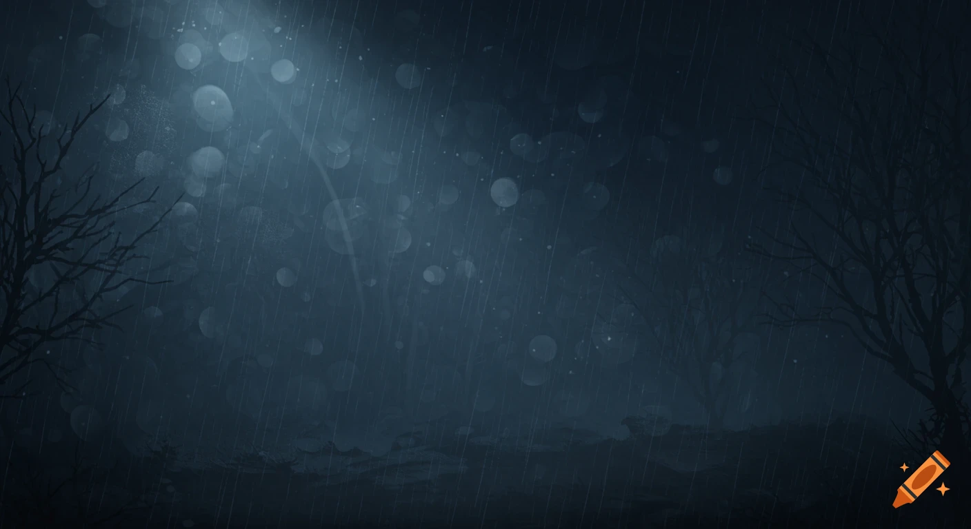 A dark, moody scene with heavy rain falling through a light beam, illuminating bare trees on a misty ground.