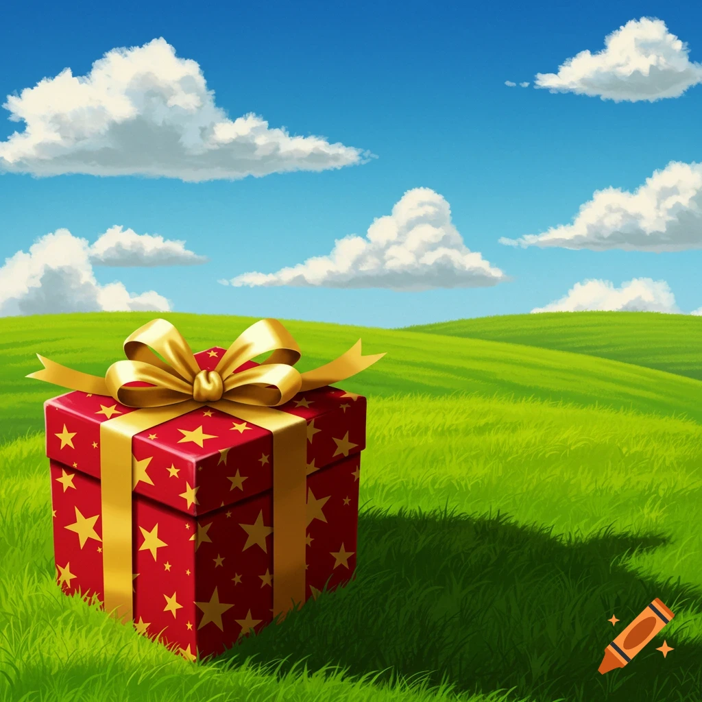 A red gift box with yellow stars and a gold ribbon sits in a green grassy field under a blue sky with white clouds.