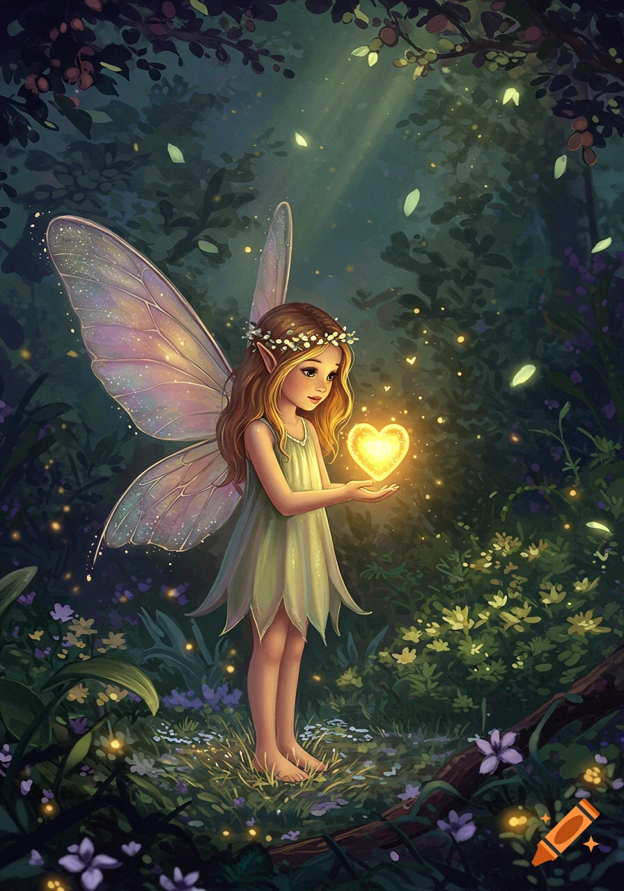 A whimsical illustration of a young fairy with delicate, translucent wings and a flower crown, holding a glowing heart in a magical forest.