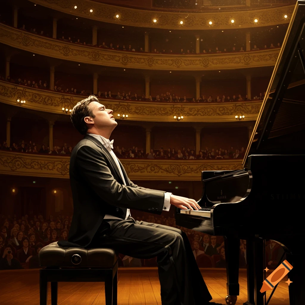 A male pianist in a tuxedo plays a grand piano on stage in a large, ornate concert hall filled with an audience.