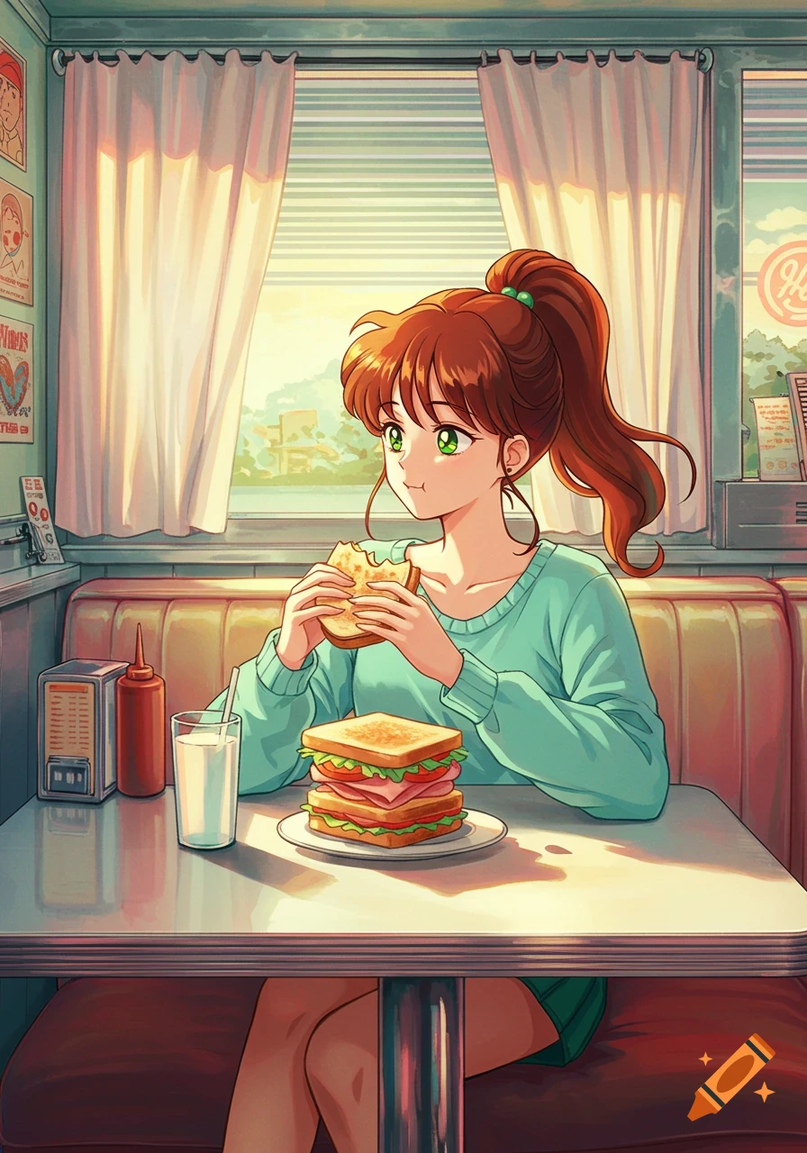Anime girl with brown hair in a ponytail eating a sandwich and drinking milk at a diner booth.