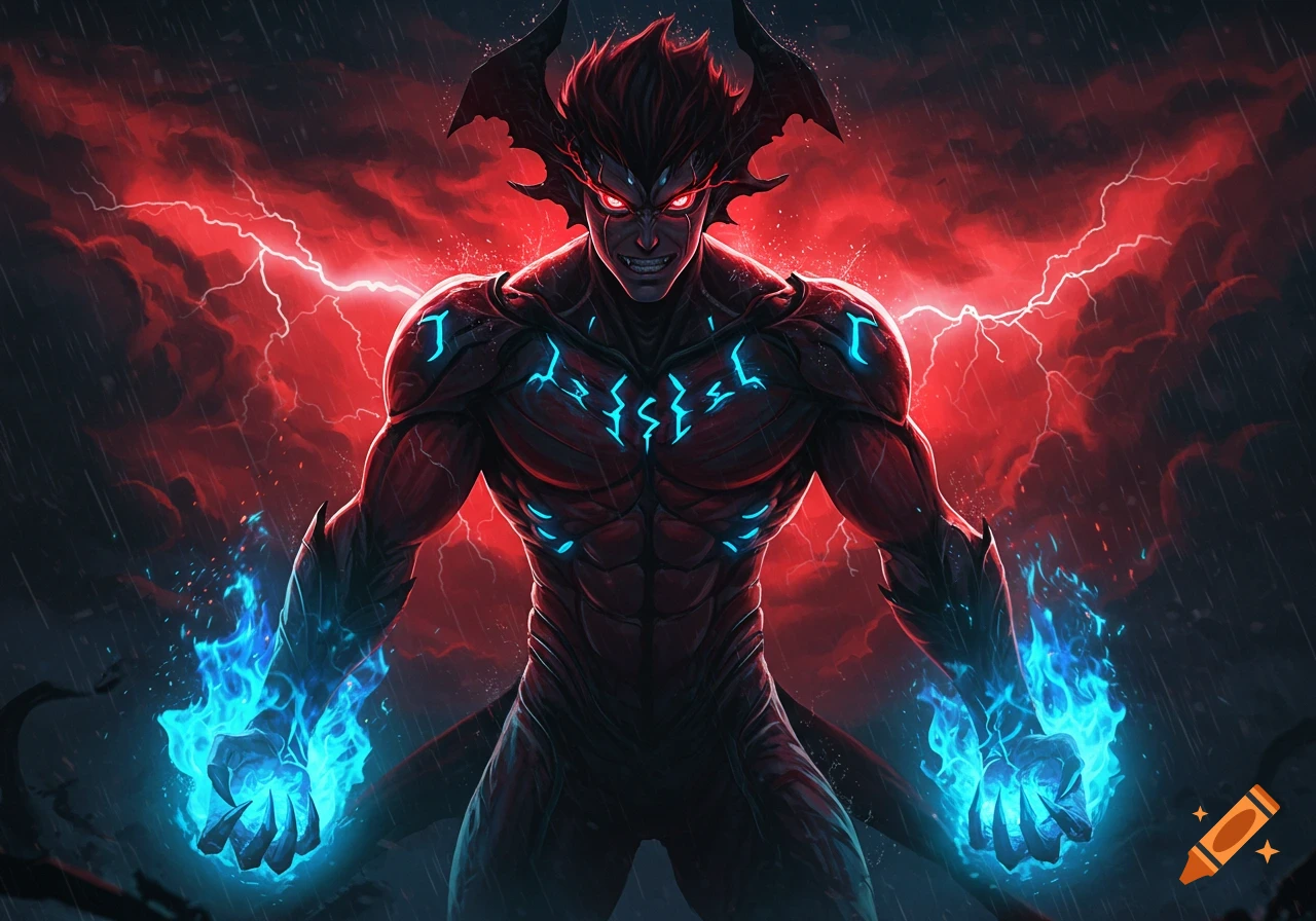 A muscular, red-skinned demon character with horns, glowing red eyes, and blue energy stands in red lightning and rain.