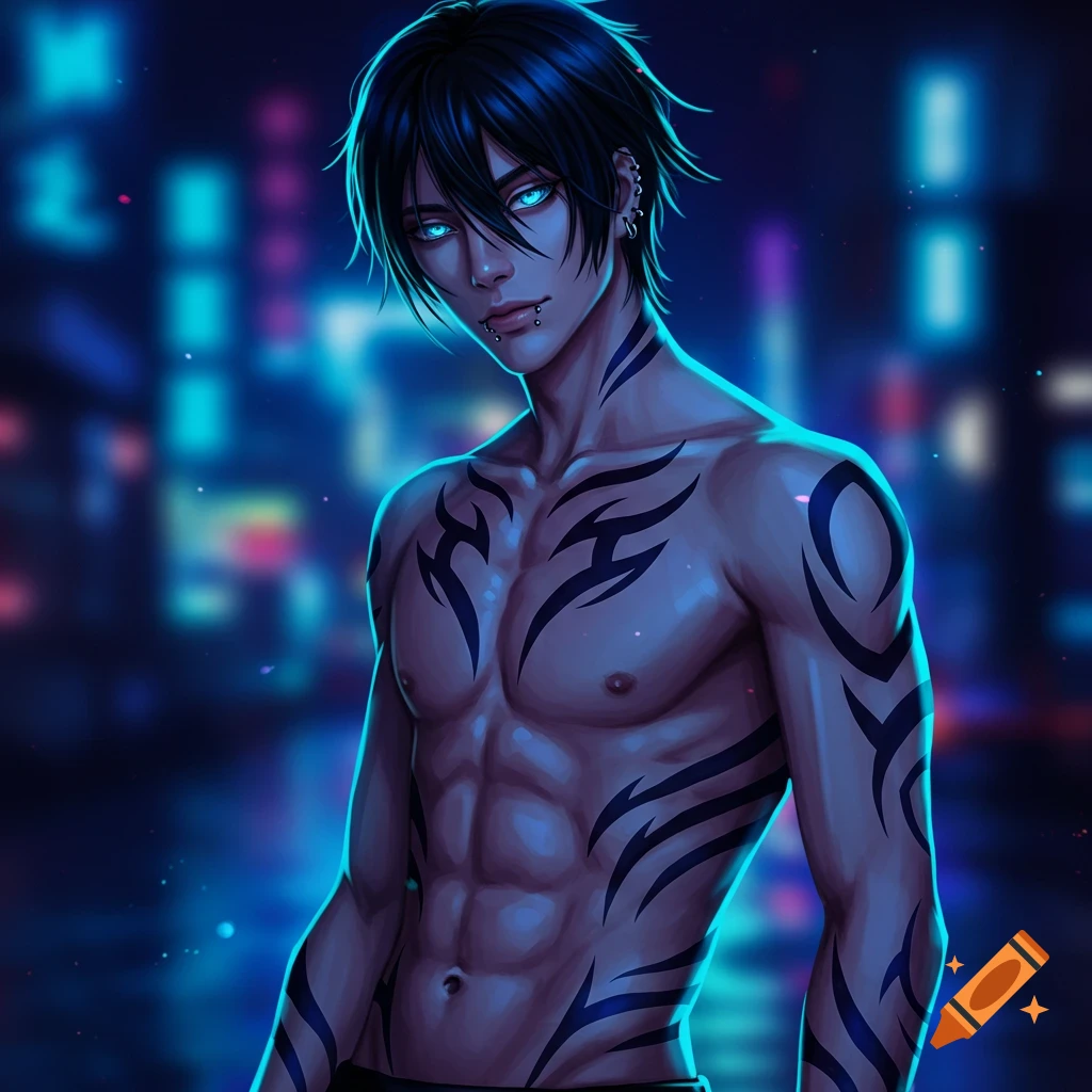 An anime male with black hair, glowing blue eyes, piercings, and tribal tattoos on his muscular torso, against a blurred neon city background.