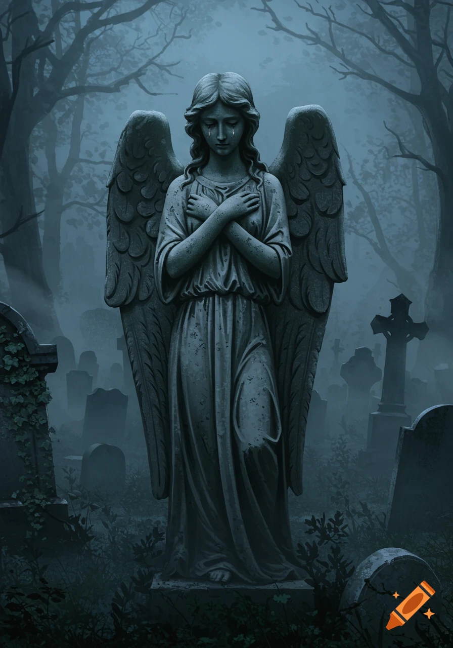 A stone statue of a weeping angel with wings stands in a misty, dark graveyard among tombstones and bare trees.
