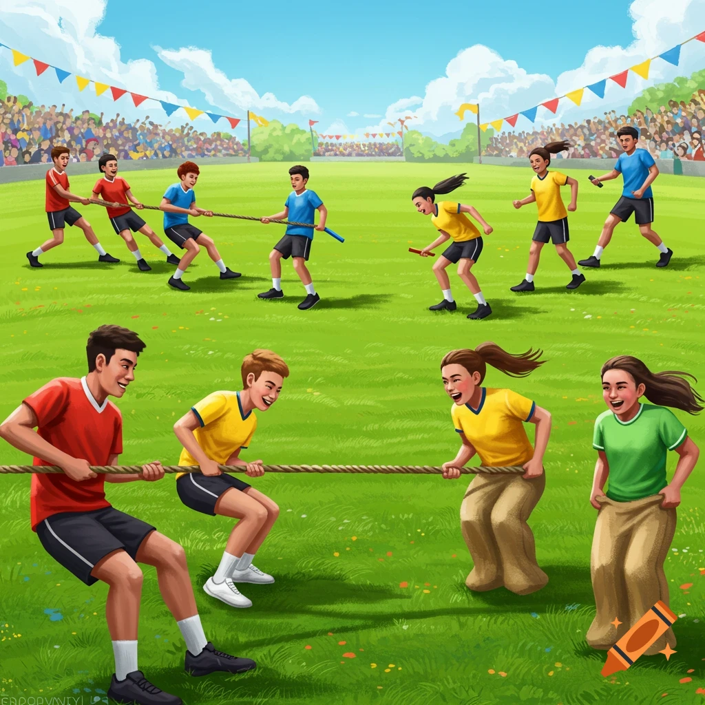 Children participating in a vibrant outdoor school sports day with tug-of-war and sack races, under a clear blue sky.