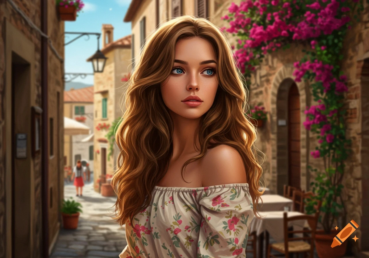 A young woman with long wavy brown hair and blue eyes, wearing a floral off-shoulder top, stands in a sunlit Italian street.
