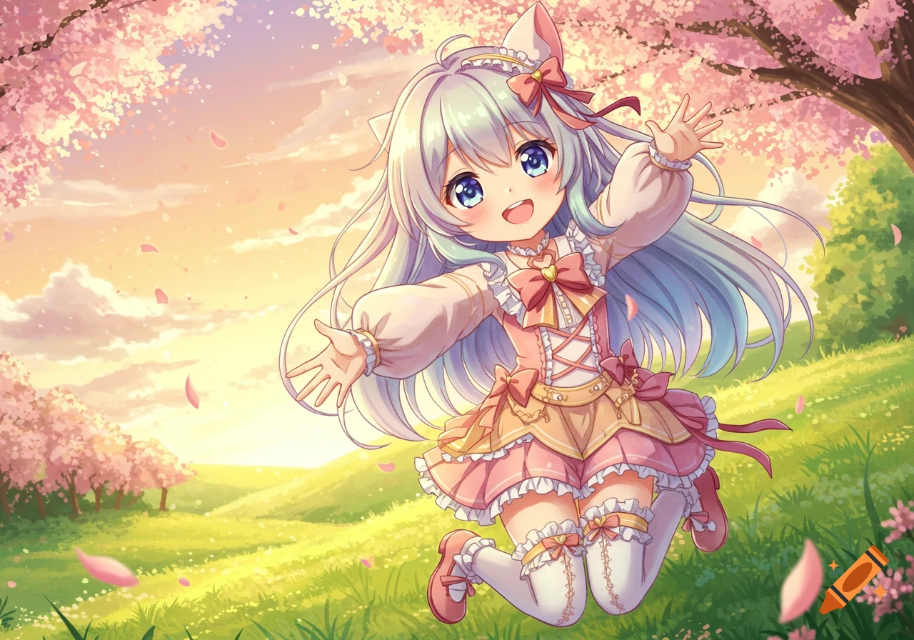 A happy anime girl with light blue hair and cat ears, wearing a frilly pink and yellow dress, jumps joyfully in a sunny cherry blossom field.