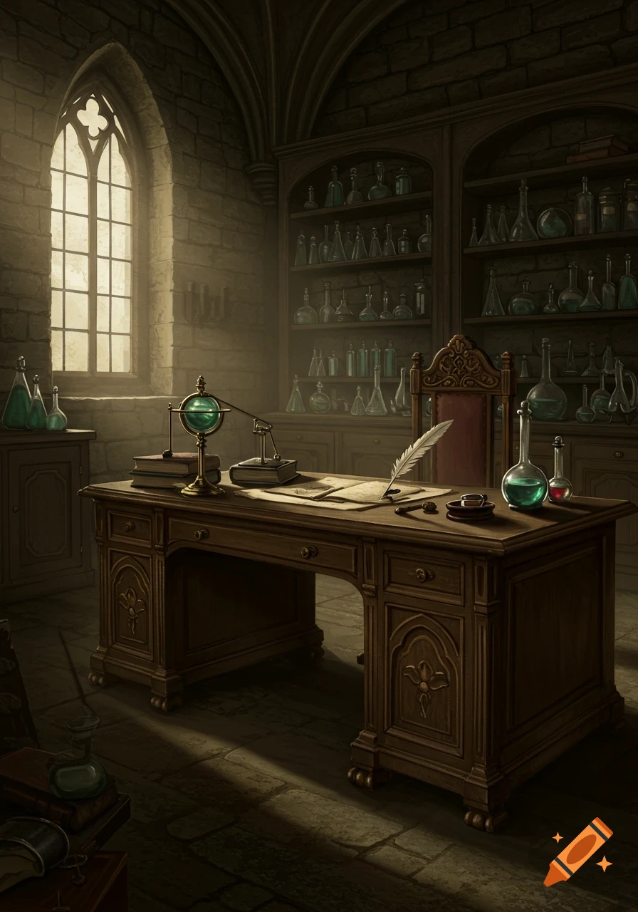 A dimly lit, old-fashioned gothic laboratory with a large wooden desk, a quill, and shelves filled with various glass bottles and alchemical instruments, illuminated by a tall arched window.