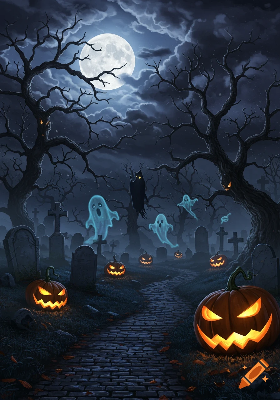 A spooky Halloween graveyard scene at night, with a full moon, bare trees, glowing jack-o'-lanterns, and translucent ghosts floating among gravestones.