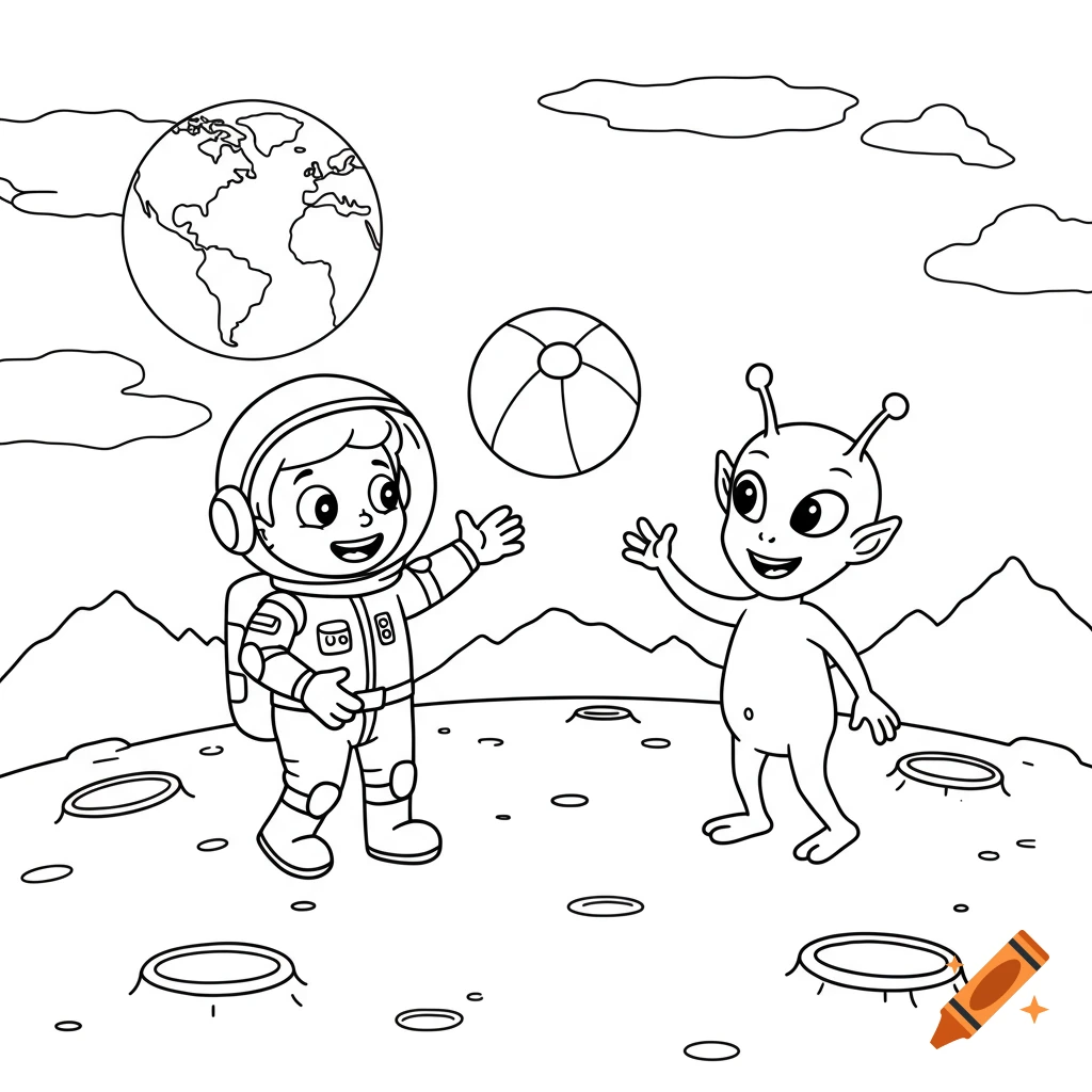 Cartoon coloring page of a boy astronaut and an alien playing with a beach ball on the moon, with Earth in the background.