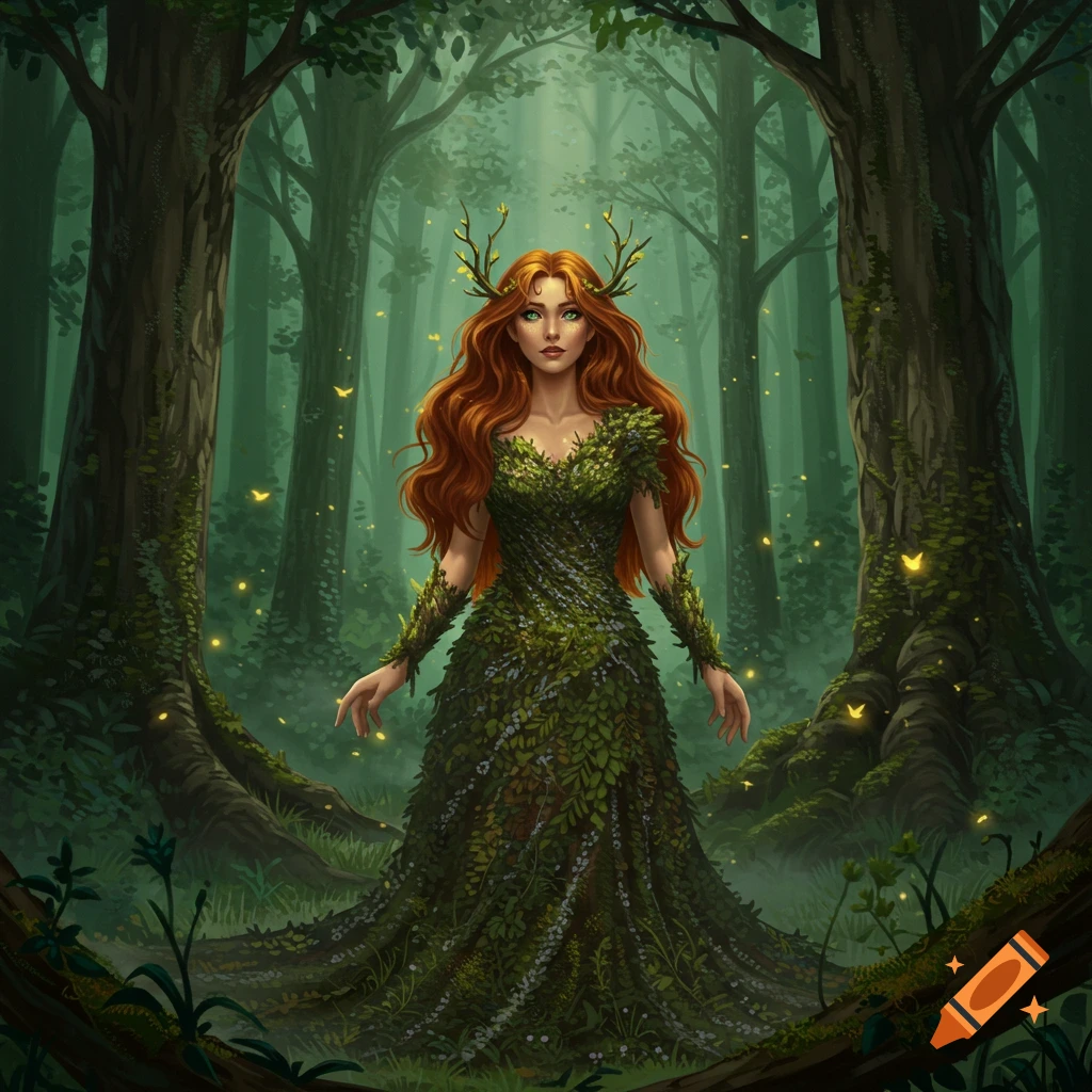 A woman with long red hair and leafy antlers, wearing a flowing dress ...