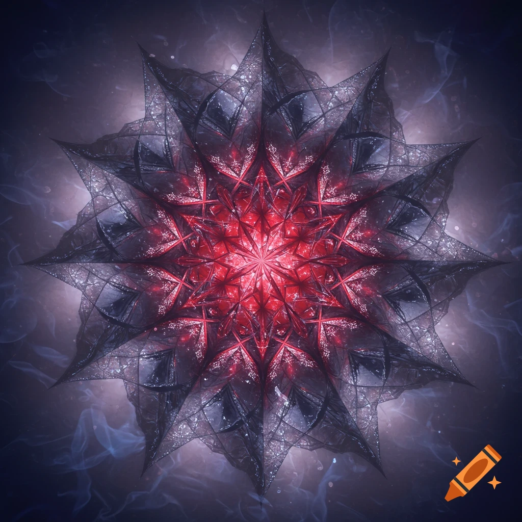 Intricate dark red and gray radial mandala with a glowing center, against a smoky dark background.