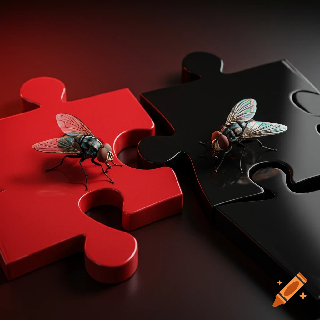 Two realistic houseflies sit on connected red and black glossy puzzle pieces against a dark, moody background.