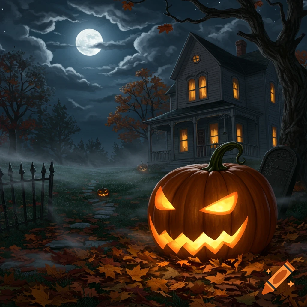 A spooky Halloween night scene with a large glowing jack-o'-lantern, a haunted house under a full moon, and autumn leaves.