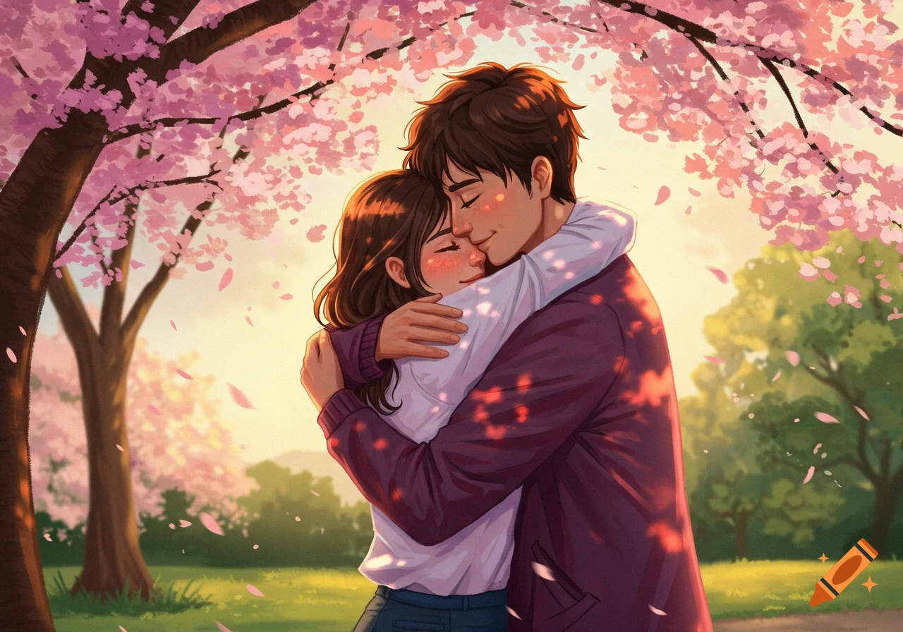 An anime couple lovingly embraces under a cherry blossom tree with ...