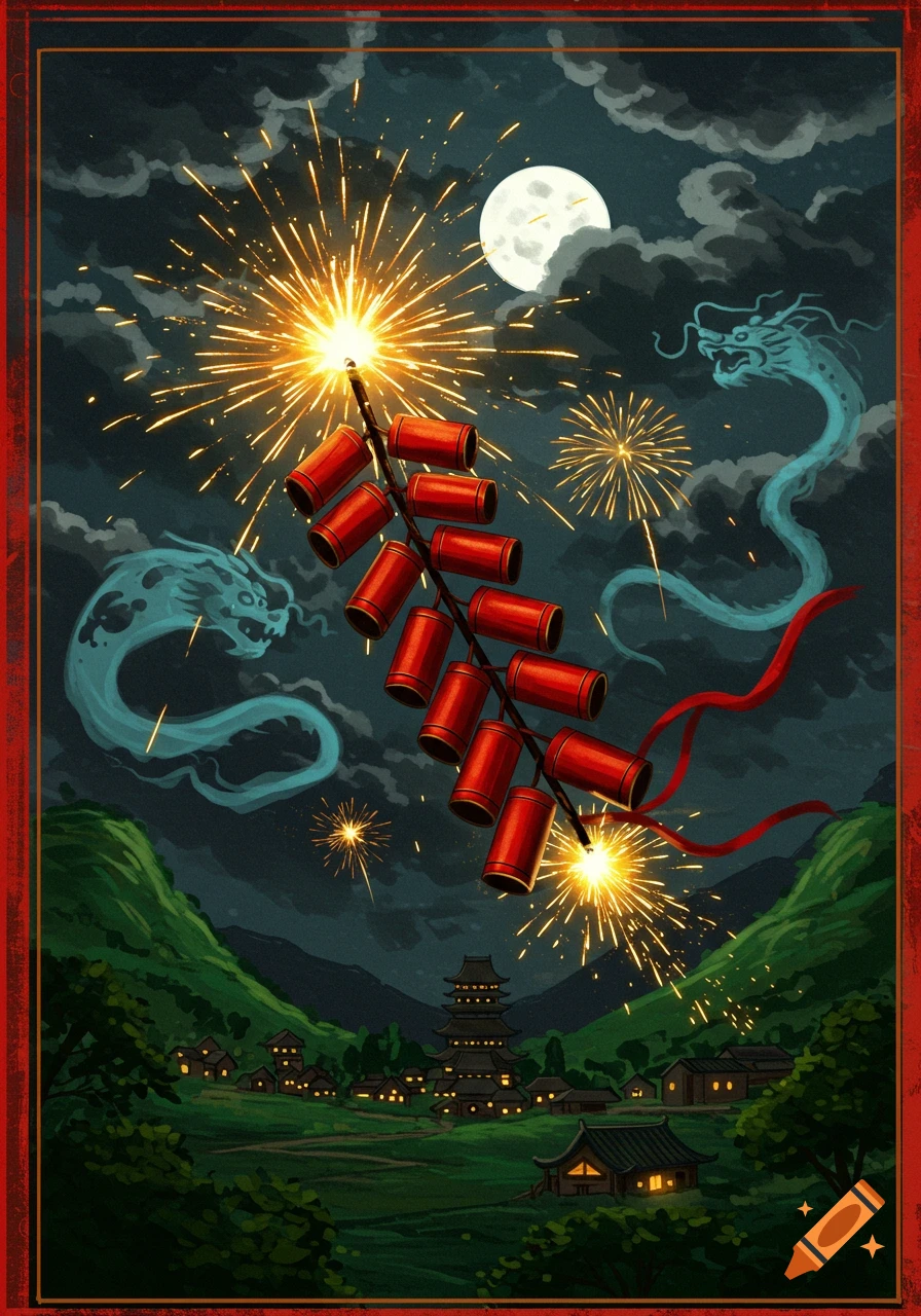 Vibrant illustration of a string of exploding Chinese firecrackers in a night sky with ethereal blue dragons, over a traditional village.