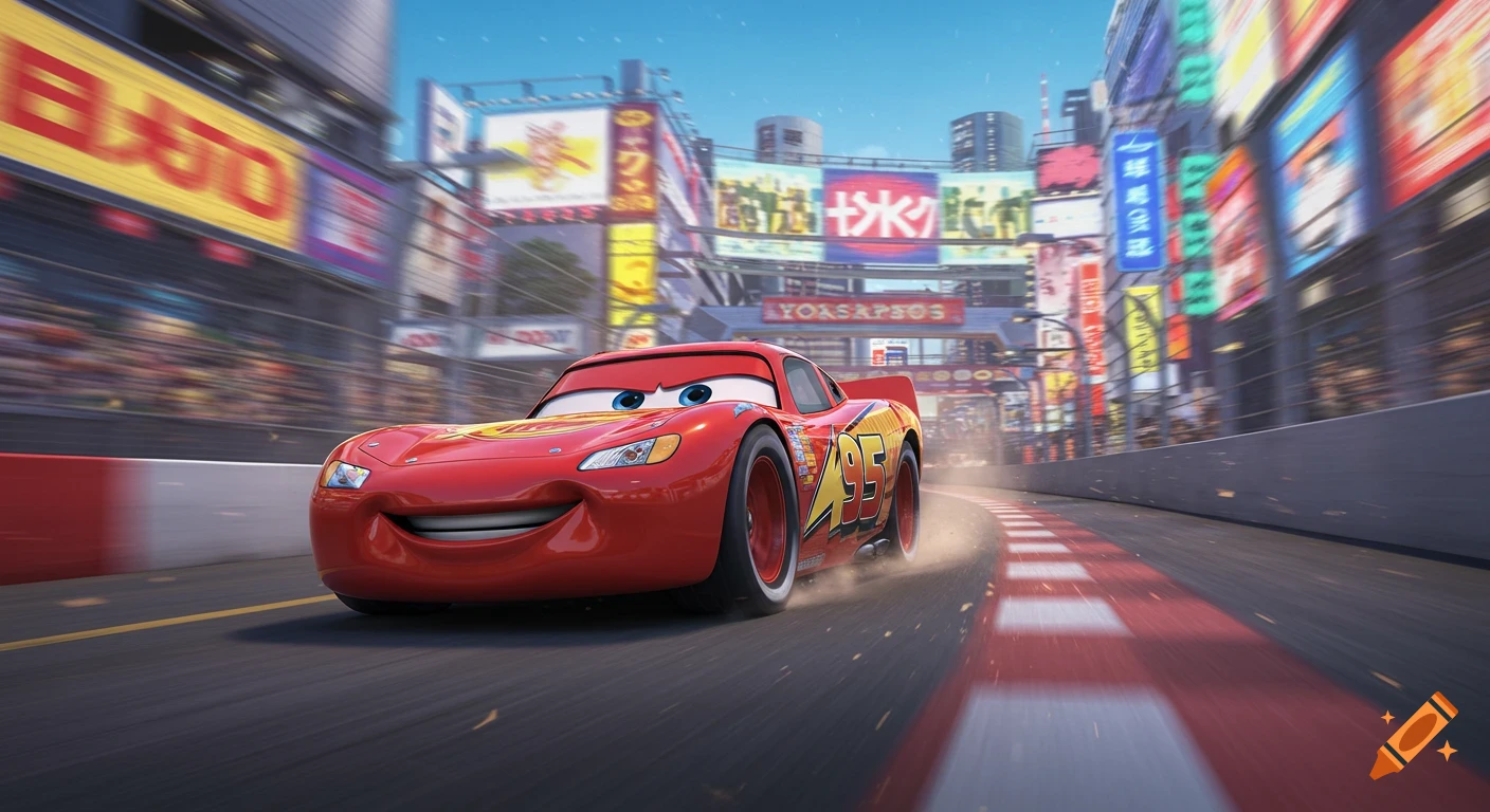 Lightning McQueen races on a track in a bustling Tokyo-like cityscape under a blue sky, in an animated style.