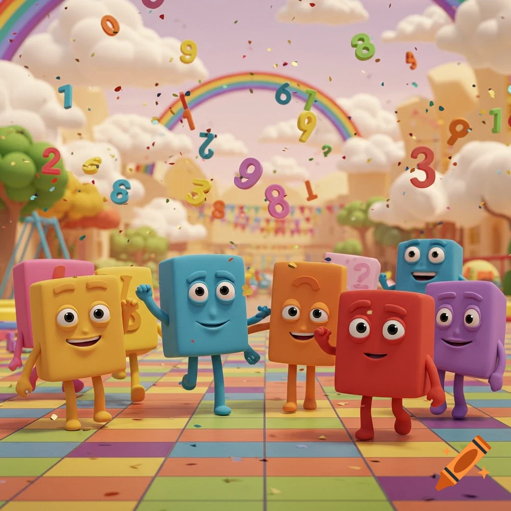 Colorful animated block characters dance on a checkerboard floor with numbers and confetti falling under a rainbow.