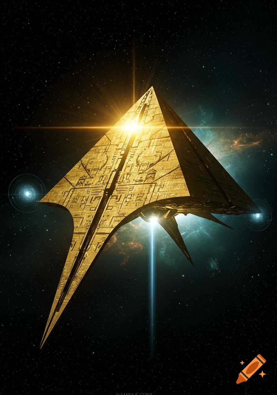A grand golden pyramid-shaped Goa'uld Ha'tak spaceship glows brightly while soaring through a star-filled galaxy.
