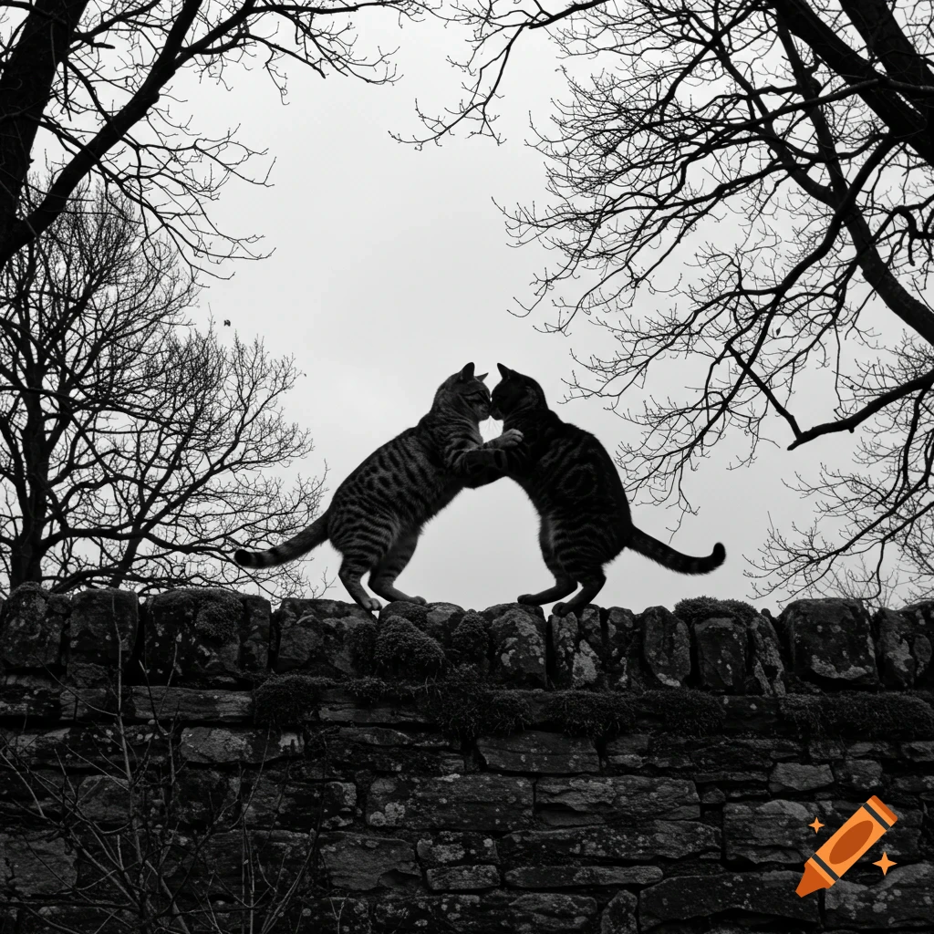 Two black and white cats interact playfully on a stone wall, framed by bare tree branches against a light sky.