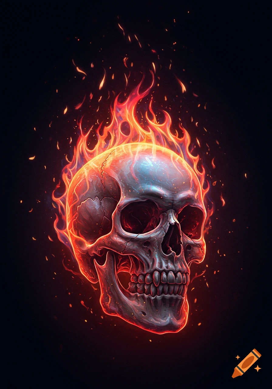A stylized glowing skull wreathed in vibrant red and orange flames on a dark background.
