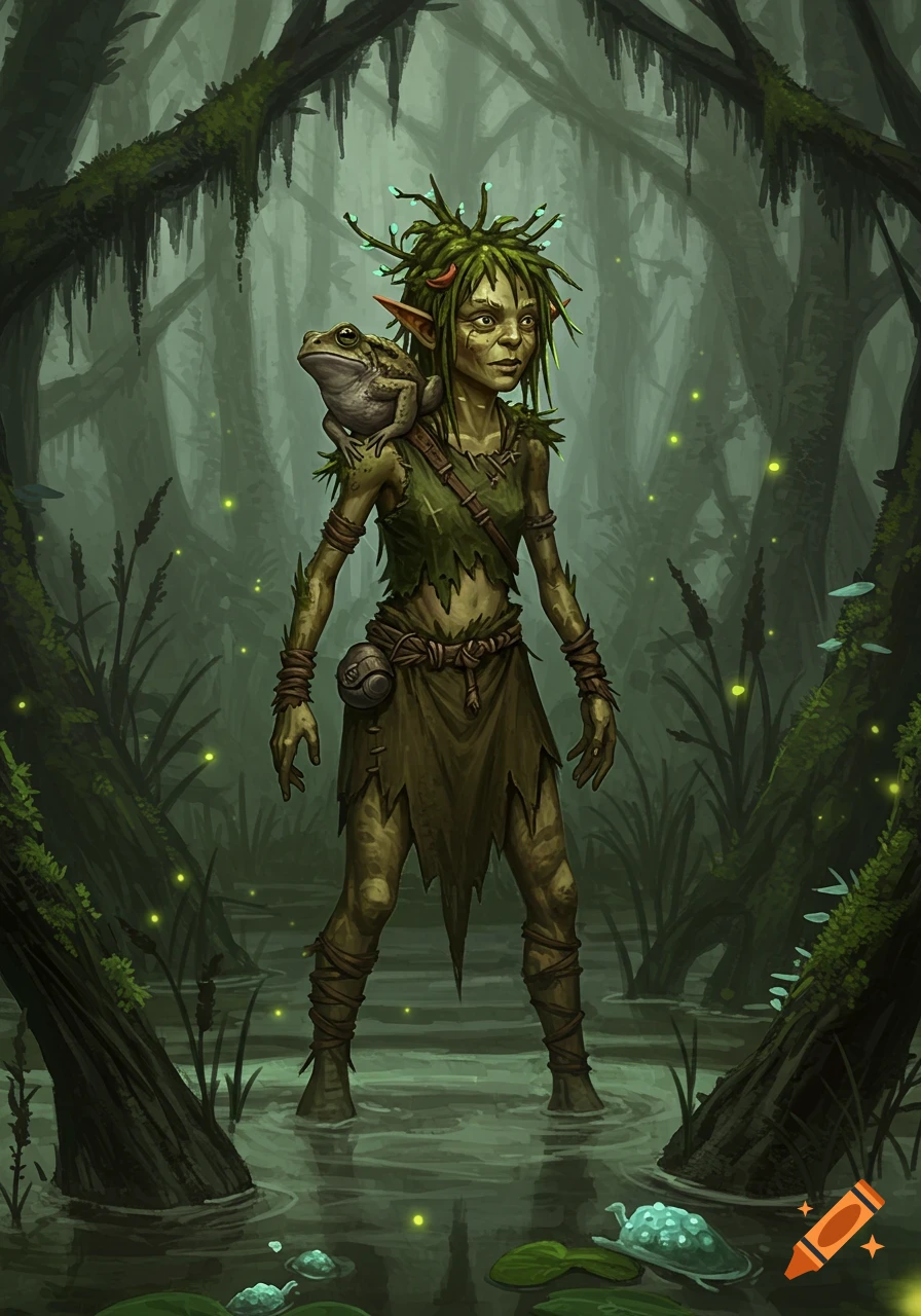 A shabby swamp elf with green hair and a toad on her shoulder stands in a misty, dark swamp with glowing lights.