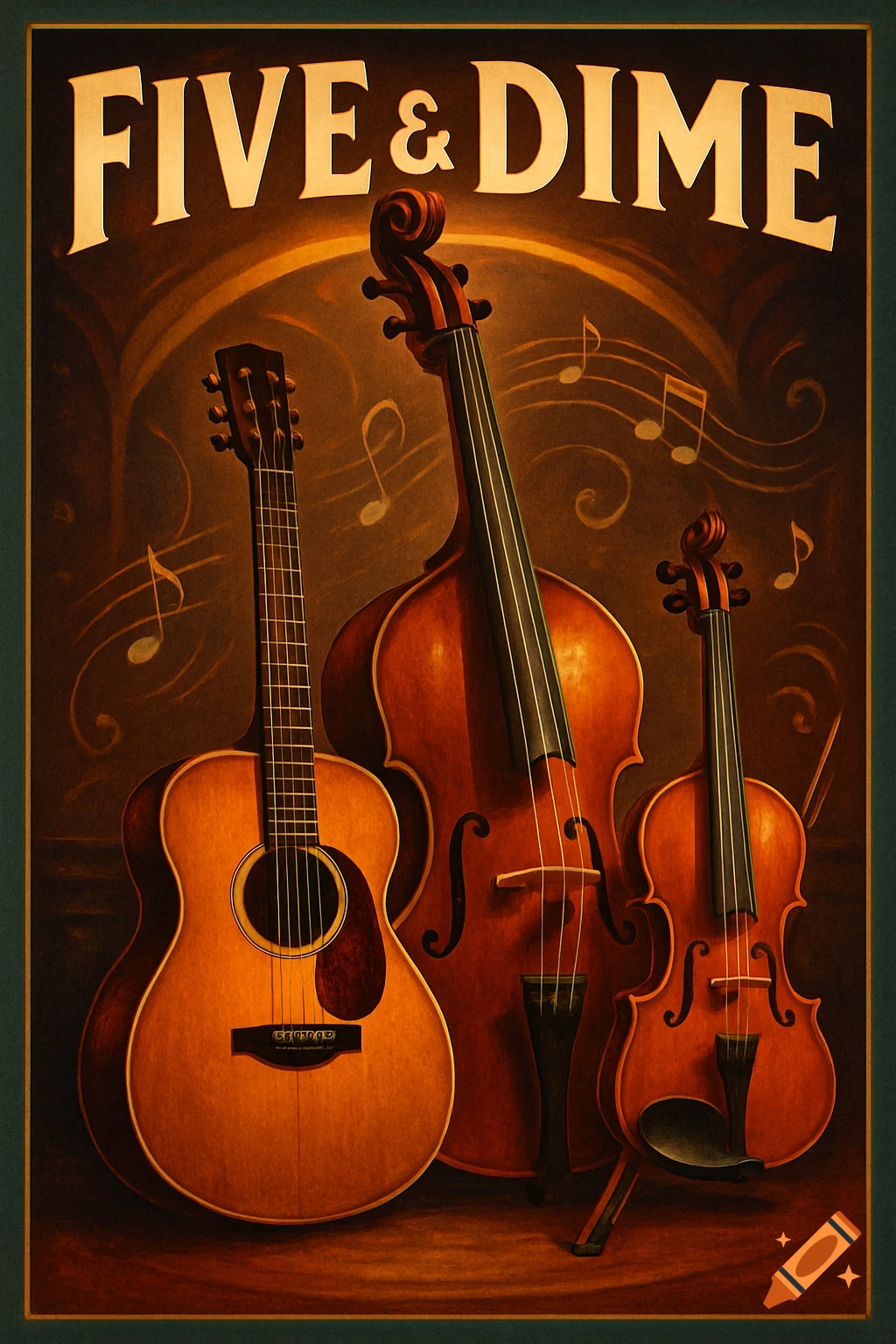 A vintage-style poster features an acoustic guitar, a double bass, and a violin under the text "FIVE & DIME" with musical notes.