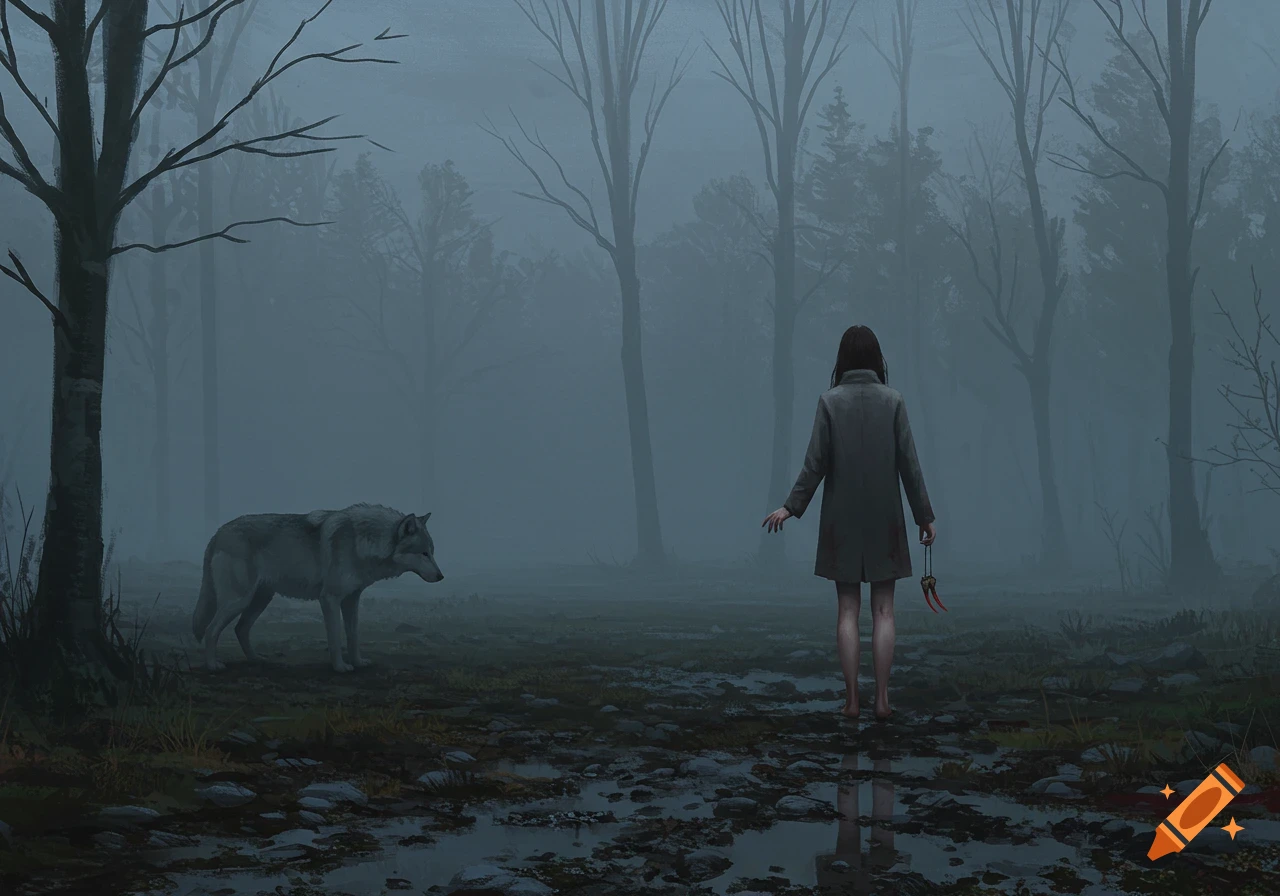 A woman in a coat stands barefoot in a dark, foggy forest, holding a red object, facing a wolf with its head lowered. Digital painting.