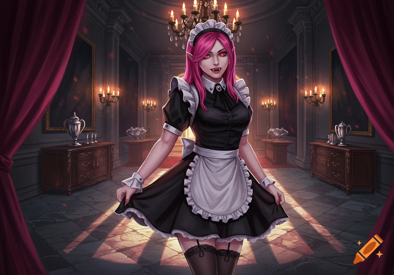 Pink-haired vampire maid in a black and white uniform stands in an opulent, candlelit room.