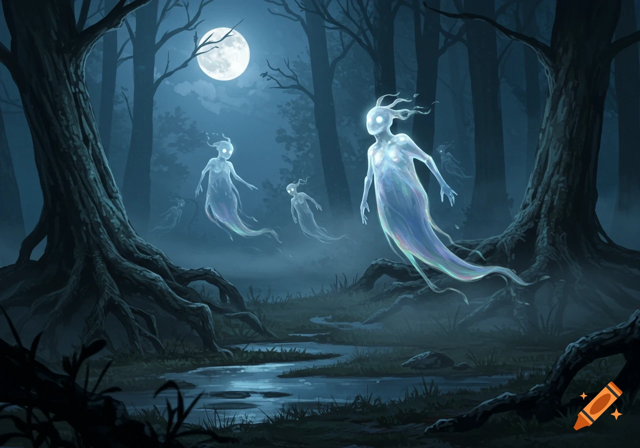 Glowing ghost-like figures float through a dark, misty fantasy forest under a full moon with a stream below.