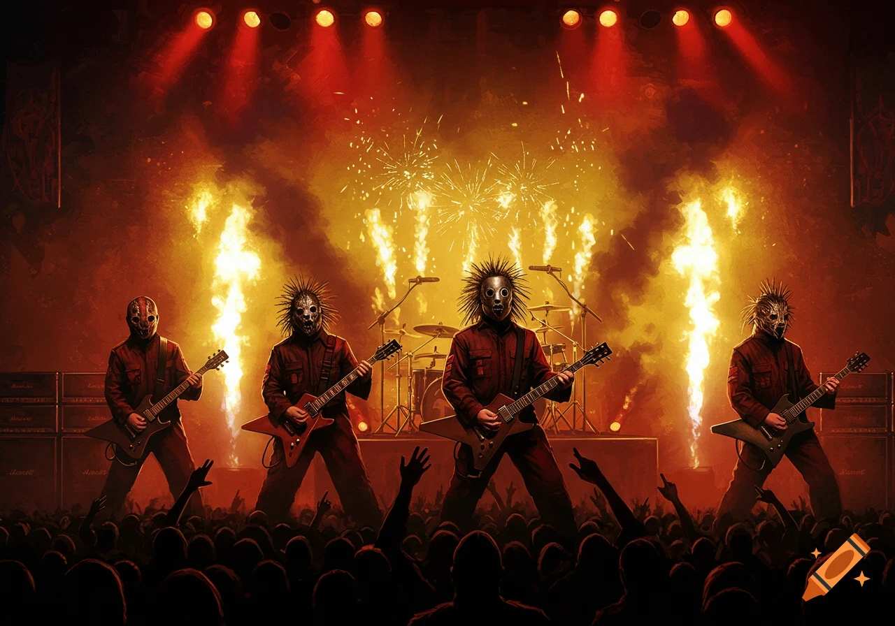 A heavy metal band wearing masks performs on stage with pyrotechnics and fireworks before a large silhouetted crowd.