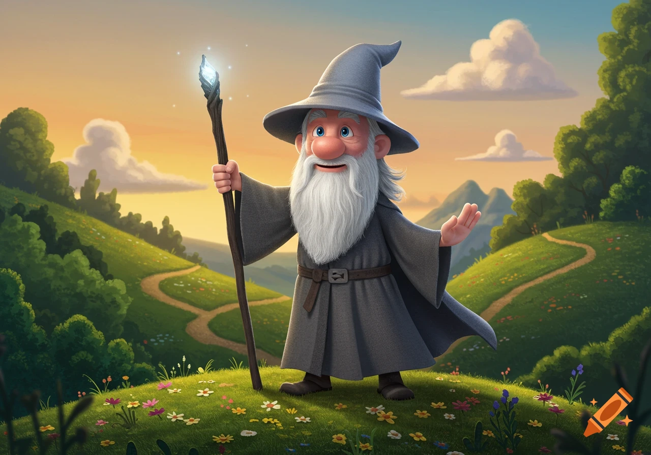 A cartoon wizard resembling Gandalf with a white beard and gray hat, holding a glowing staff on a grassy hill at sunset.