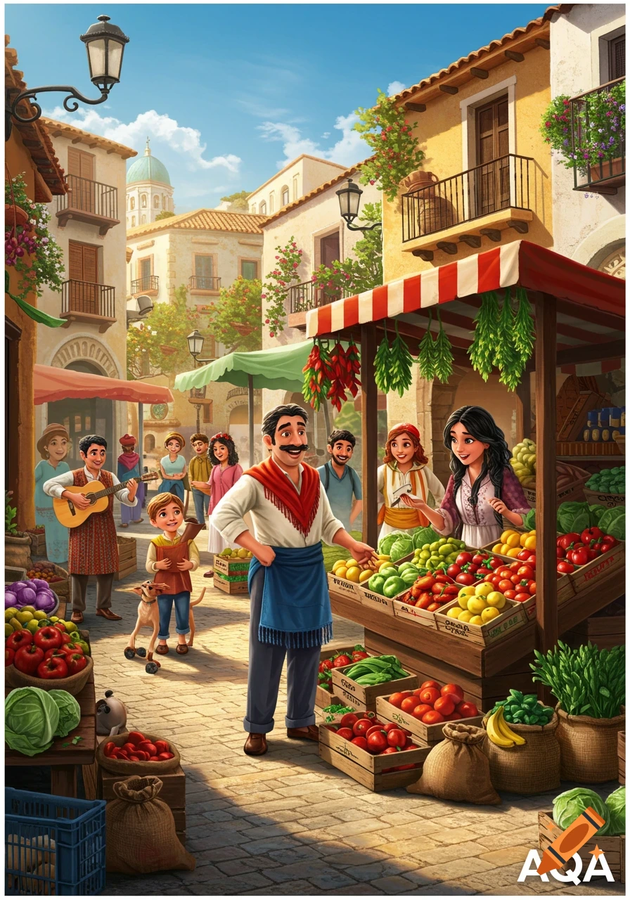 Vibrant illustration of a bustling market street in a sunny town, with vendors, customers, and colorful produce stalls.