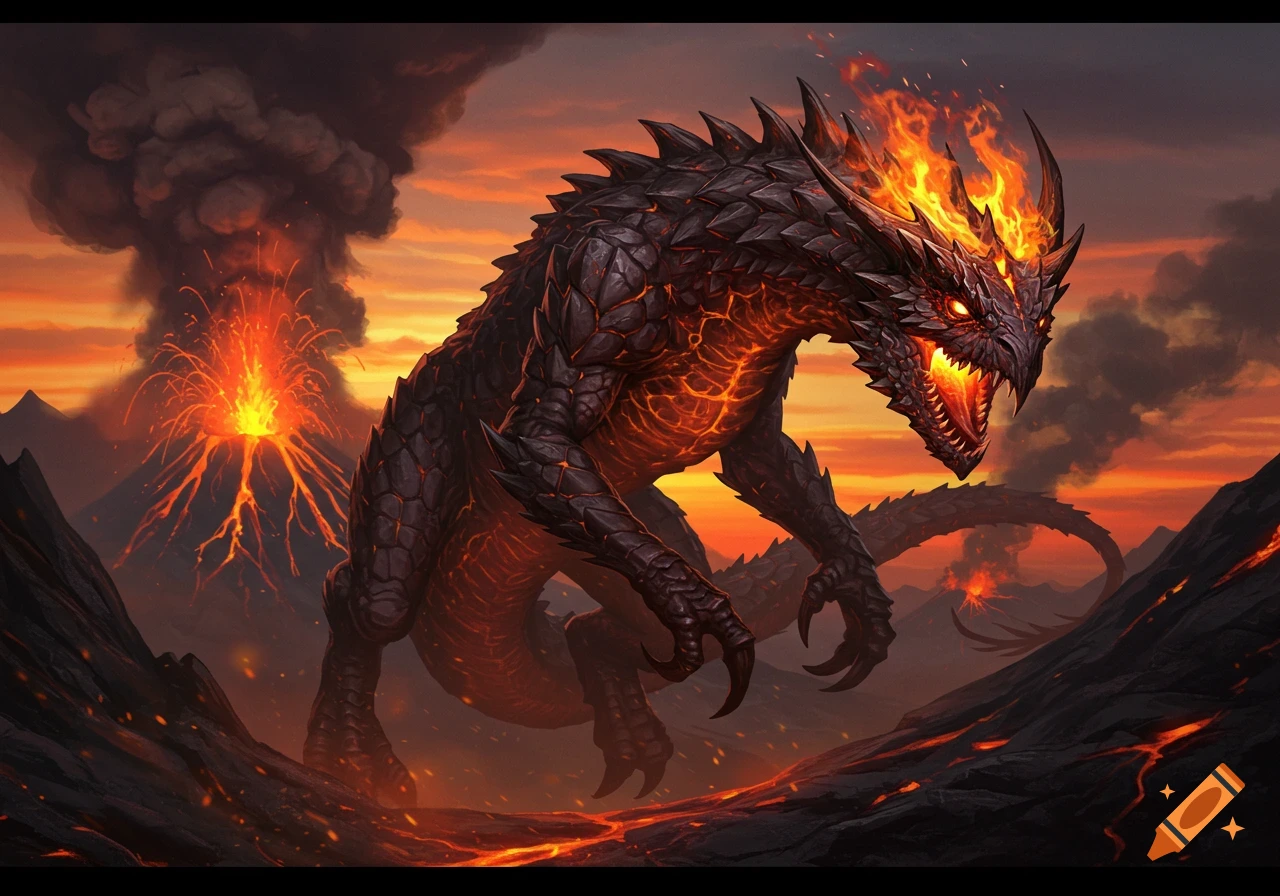 A menacing, fire-scaled dragon roars amidst erupting volcanoes at sunset, digital fantasy art.
