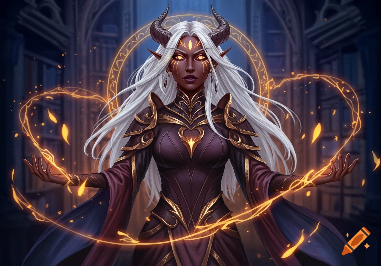 A dark-skinned, white-haired demi-elf sorceress with horns and glowing ...