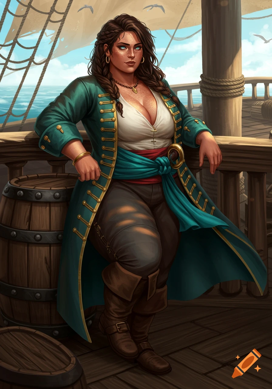 A plus-sized pirate woman with dark braided hair, freckles, and blue ...