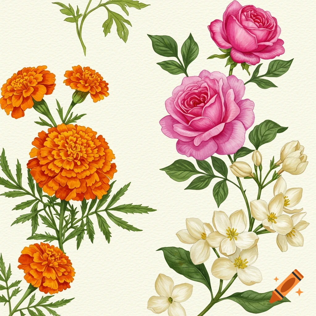 A watercolor illustration of various Indian flowers, including orange marigolds, pink roses, and white jasmine flowers with green leaves, on a textured light background.