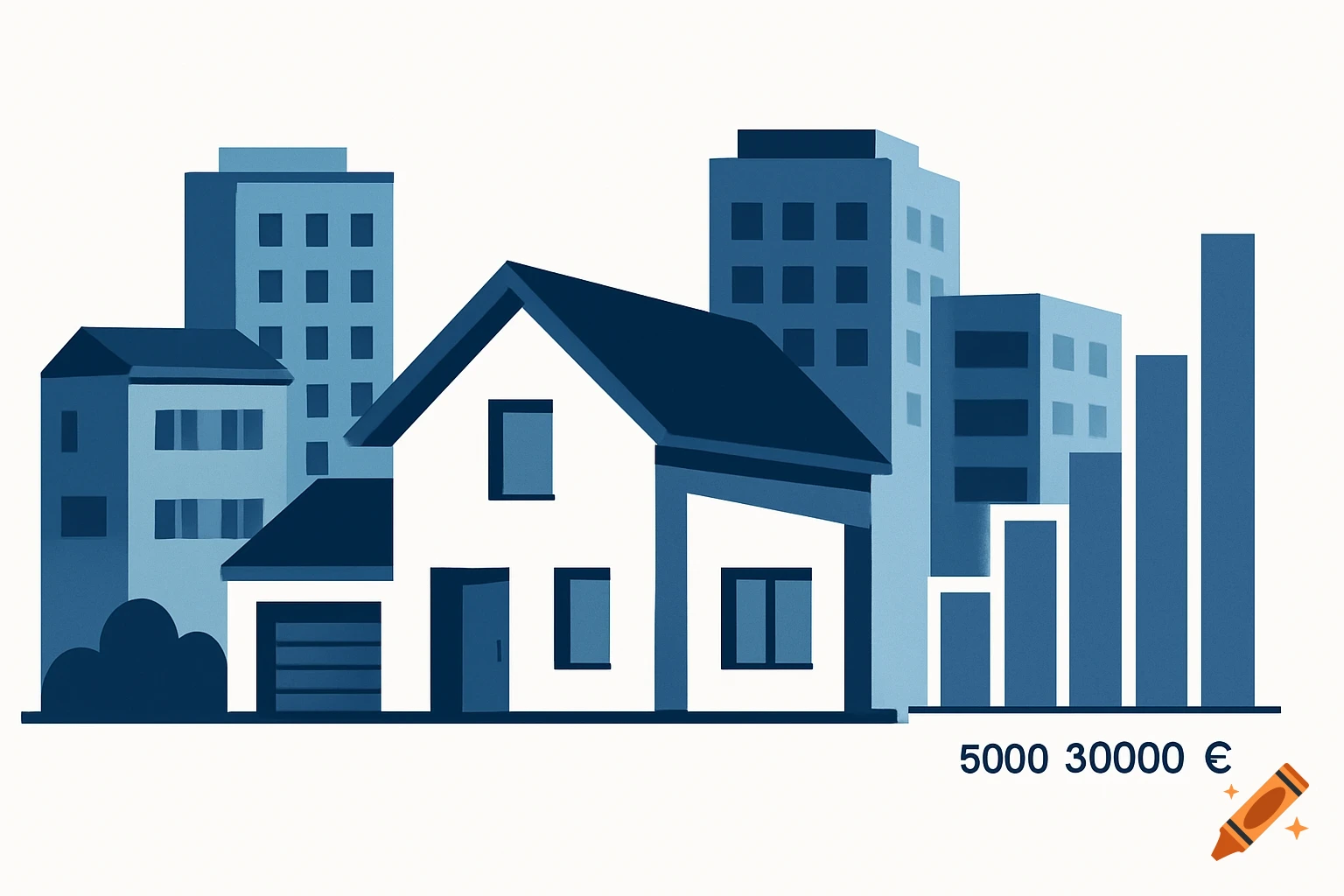 Stylized illustration of a house and apartment buildings with a bar chart and monetary figures, rendered in shades of blue and white.
