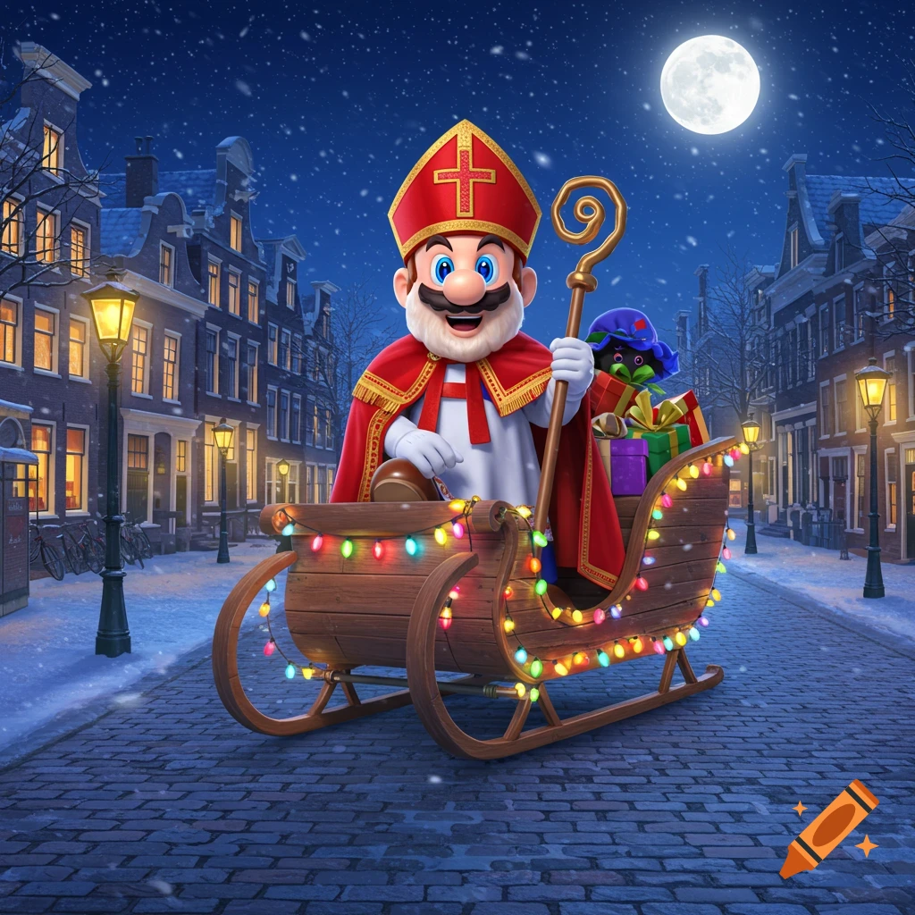 Mario dressed as Sinterklaas in a lighted sleigh with presents, on a snowy street at night with European buildings and a full moon. Digital art.