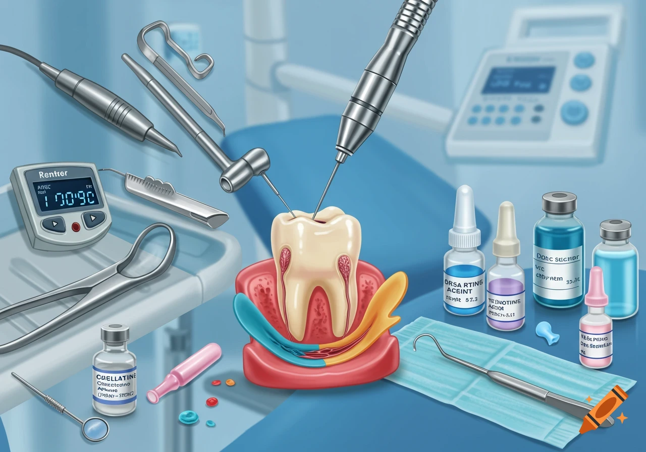 Stylized illustration of dental instruments and a tooth model on a blue background, depicting a root canal procedure.