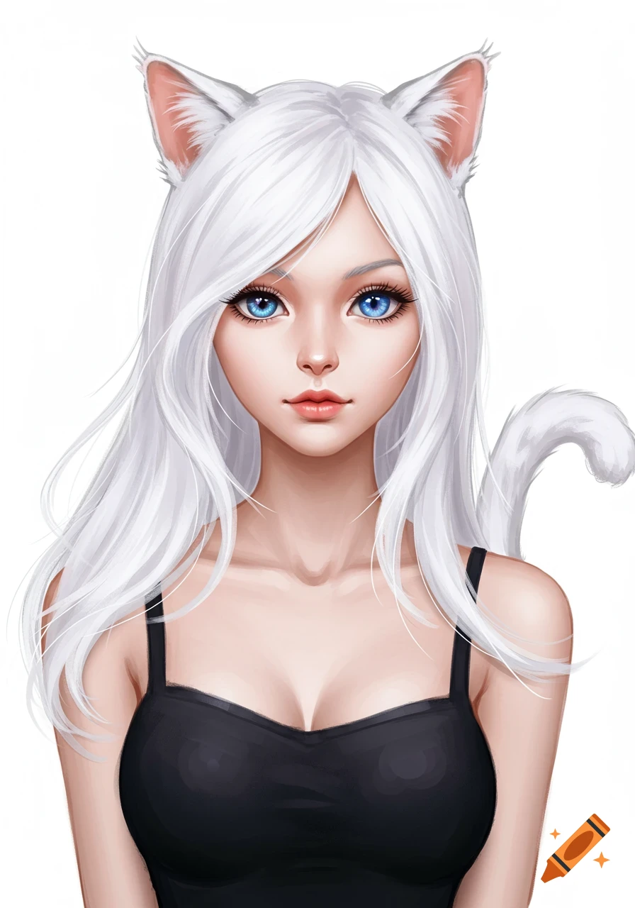 Portrait of a cat girl with long white hair, bright blue eyes, and cat ears, wearing a black spaghetti strap top, in an anime art style.